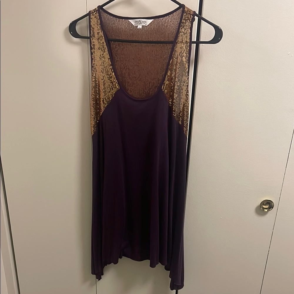 TRAMP… Asymmetrical Purple & Gold Shimmer Sleeveless Tank Top